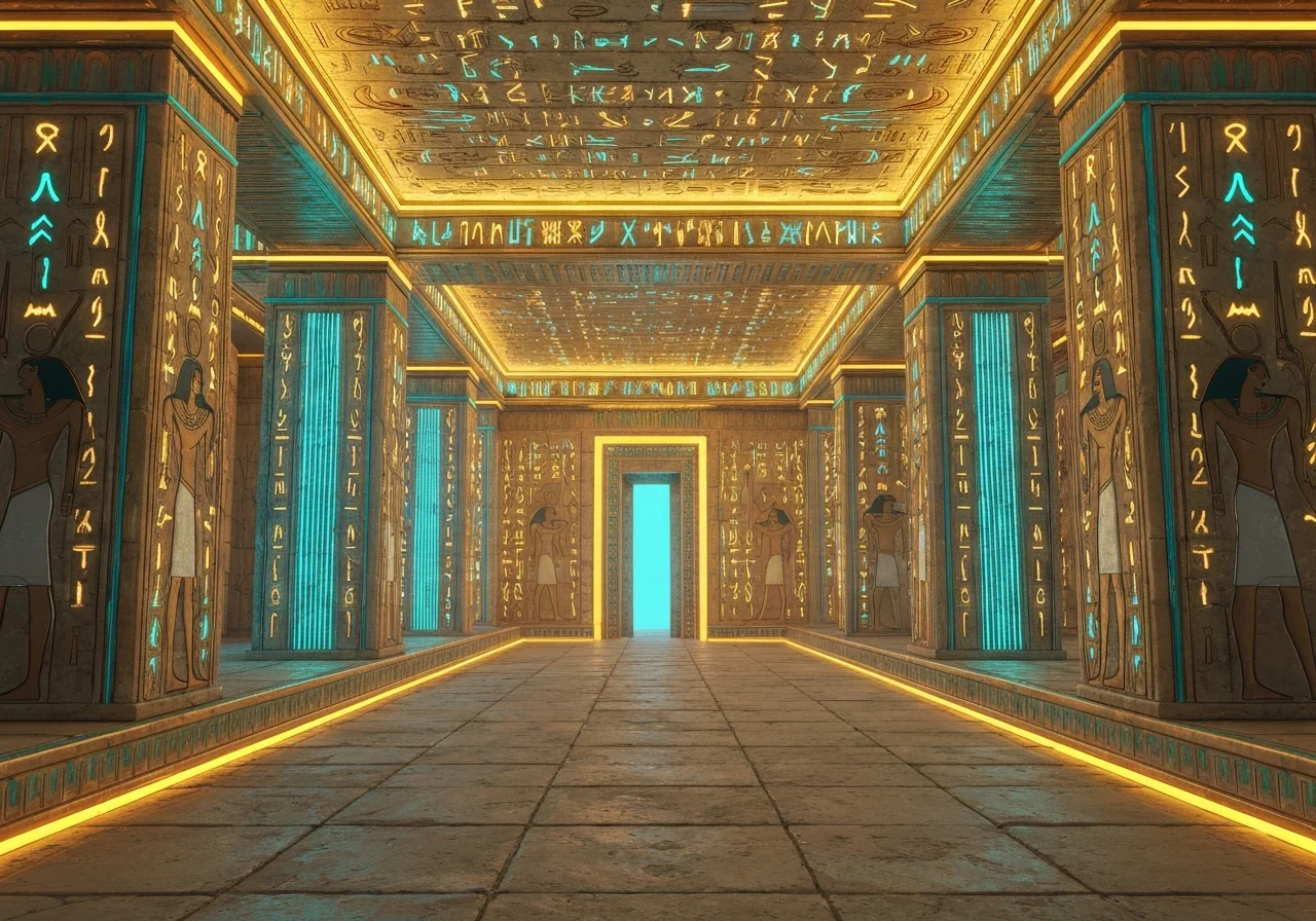 Tyylitelty egyptiläinen temppeli ja hehkuvat symbolit, futuristinen valaisu